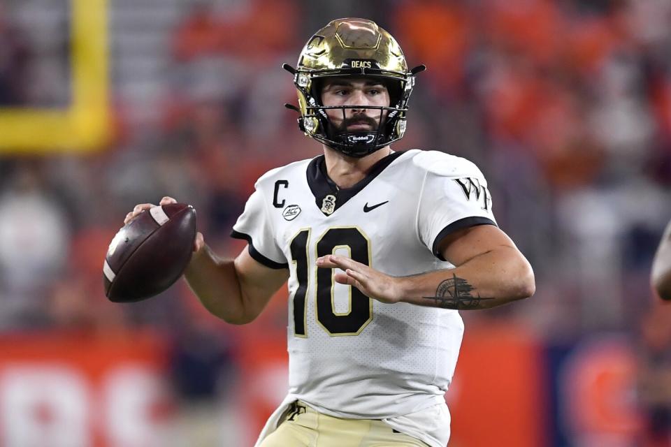 Wake Forest quarterback Sam Hartman looks to pass against Syracuse on Oct. 9.