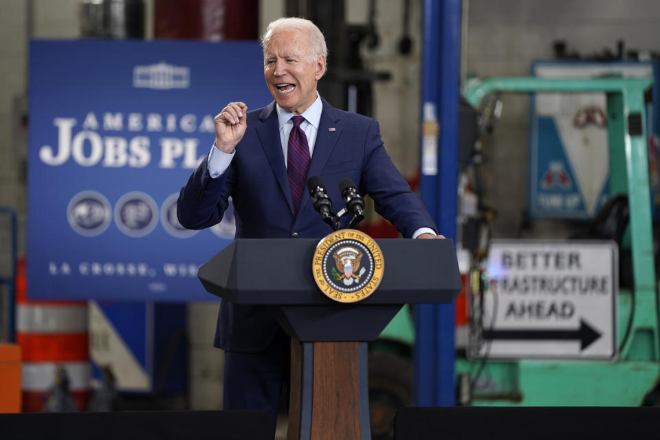 President Joe Biden speaks about infrastructure spending at the La Crosse Municipal Transit Authority, Tuesday, June 29, 2021, in La Crosse, Wis. (AP Photo/Evan Vucci)