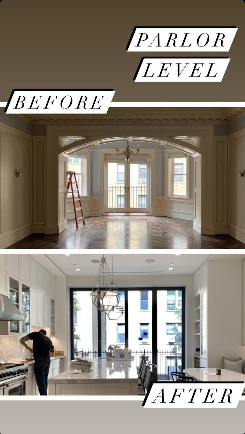 A "before" photo of an elegant room that has traditional architecture, such as an arch and pillars that's completely transformed in an "after" photo where all the architecture is gone and simplified for a modern look