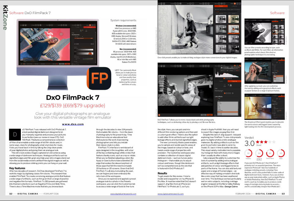 Image of DxO FilmPack 7 software review, Digital Camera magazine February 2024