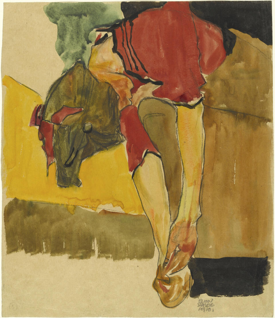 This image provided by the Manhattan District Attorney's Office shows artwork by the Austrian expressionist artist Egon Schiele. On Wednesday, Sept. 20, 2023, the art plundered by the Nazis was returned to the heirs of Fritz Grünbaum, a well-known cabaret performer who was arrested in 1938 and later died in the Dachau concentration camp. The Manhattan District Attorney's Office secured the return of the artworks from prominent museums earlier this year, including one piece from the Museum of Modern Art. Combined, the pieces are valued at more than $9.5 million. (Manhattan District Attorney's Office via AP)