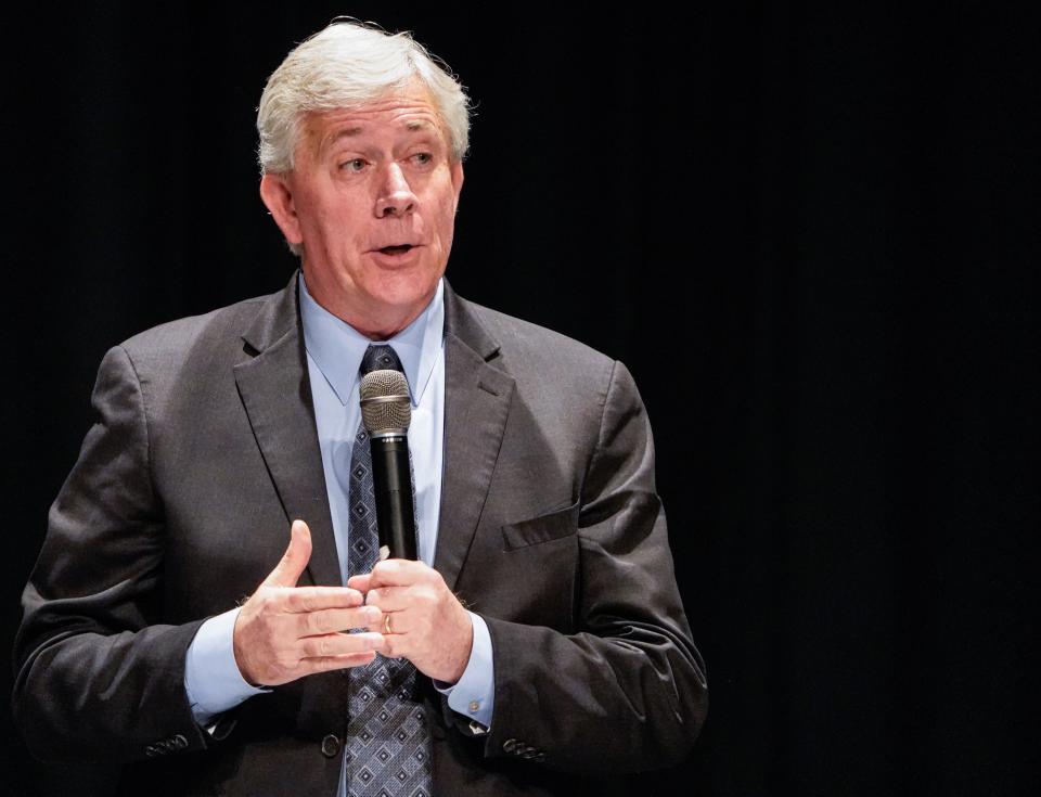 Mark Hurt attends a League of Women Voters forum on Thursday, April 4, 2024, at Anderson High School Auditorium in Anderson Ind. The forum included Republican and Democratic candidates running for the 5th Congressional District.