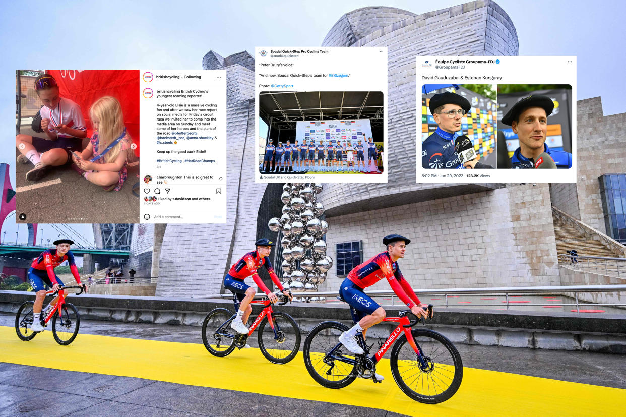  Ineos Grenadiers at the Tour de France team presentation, with social media posts on top 