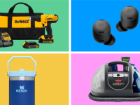 A collection of items at Amazon displayed in front of different colored backgrounds.