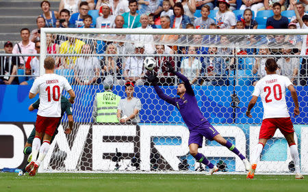 Soccer Football - World Cup - Group C - Denmark vs Australia - Samara Arena, Samara, Russia - June 21, 2018 Denmark's Christian Eriksen scores their first goal past Australia's Mathew Ryan REUTERS/Michael Dalder