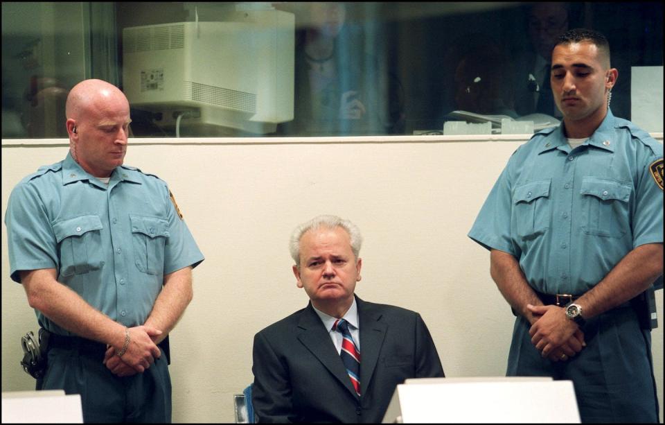 <span class="caption">Serbian leader Slobodan Milosevic refused a lawyer during his hearings before the International Criminal Tribunal for the former Yugoslavia in the early 2000s.</span> <span class="attribution"><a class="link " href="https://www.gettyimages.com/detail/news-photo/slobodan-milosevic-refuses-the-presence-of-any-lawyer-news-photo/110138118" rel="nofollow noopener" target="_blank" data-ylk="slk:Raphael Gaillarde/Gamma-Rapho via Getty Images;elm:context_link;itc:0;sec:content-canvas">Raphael Gaillarde/Gamma-Rapho via Getty Images</a></span>