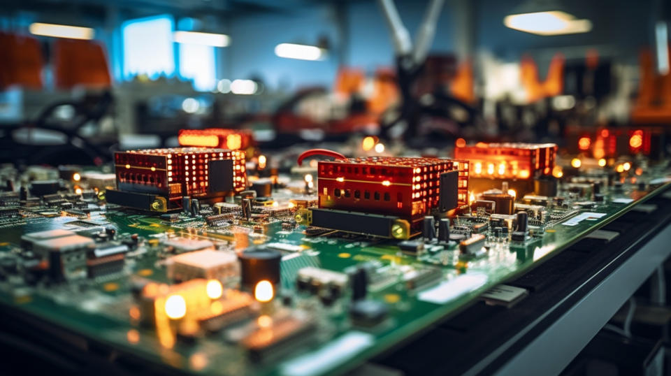 An assembly line of electronics components in a factory operated by the company.