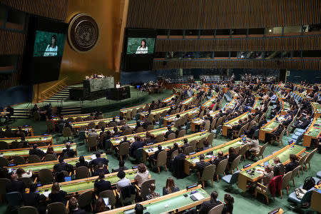 U.S. Ambassador to the United Nations Nikki Haley addresses a United Nations General Assembly meeting ahead of a vote on a draft resolution that would deplore the use of excessive force by Israeli troops against Palestinian civilians at U.N. headquarters in New York, U.S., June 13, 2018. REUTERS/Mike Segar