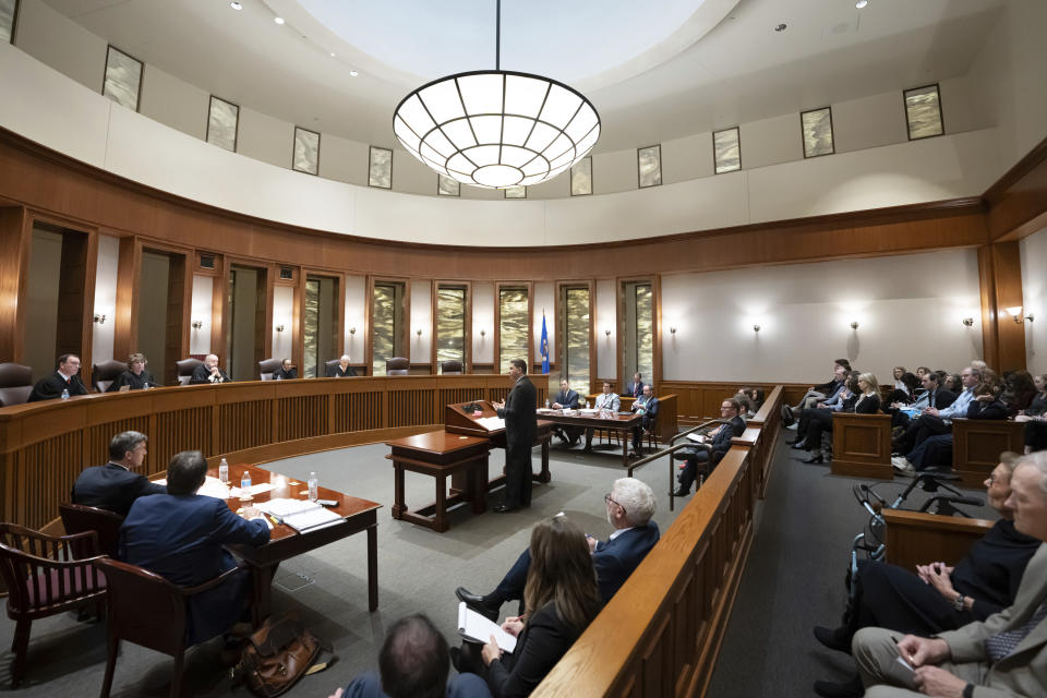 Ronald Fein, attorney for the petitioner, Free Speech for People, gives his ending rebuttal to his case before the Minnesota Supreme Court Thursday, Nov. 2, 2023 St. Paul, Minn. The Minnesota Supreme Court heard arguments to keep former President Trump off the ballot. (Glen Stubbe/Star Tribune via AP, Pool)