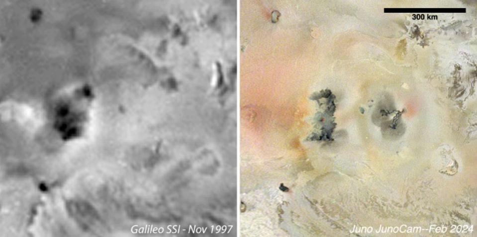 On left: Galileo spacecraft imagery from 1997. On right: Juno spacecraft imagery from 2024. The feature on right is the new volcano with accompanying lava flows.