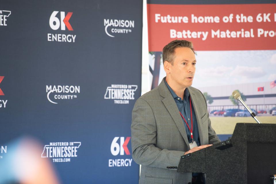 6K Energy CEO Aaron Bent speaks during the 6K Energy groundbreaking in Jackson, Tenn. on Tuesday, Jun. 13, 2023. on Tuesday, Jun. 13, 2023. 