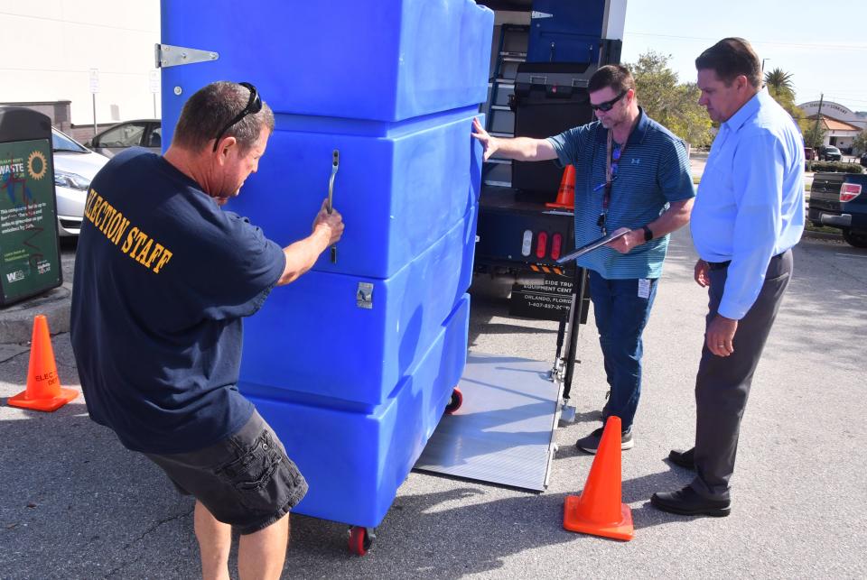 Workers for the Brevard County Supervisor of Elections Office were busy this past week delivering voting equipment to polling places in preparation for Tuesday’s Florida presidential preference primary. Here, they unload equipment at  the Eau Gallie Civic Center In Melbourne.