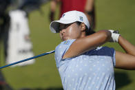 Monet Chun, of Canada tees off on the seventh hole, Sunday, Aug. 14, 2022, during the final round of the USGA Women's Amateur Championship at Chambers Bay in University Place, Wash. (AP Photo/Ted S. Warren)