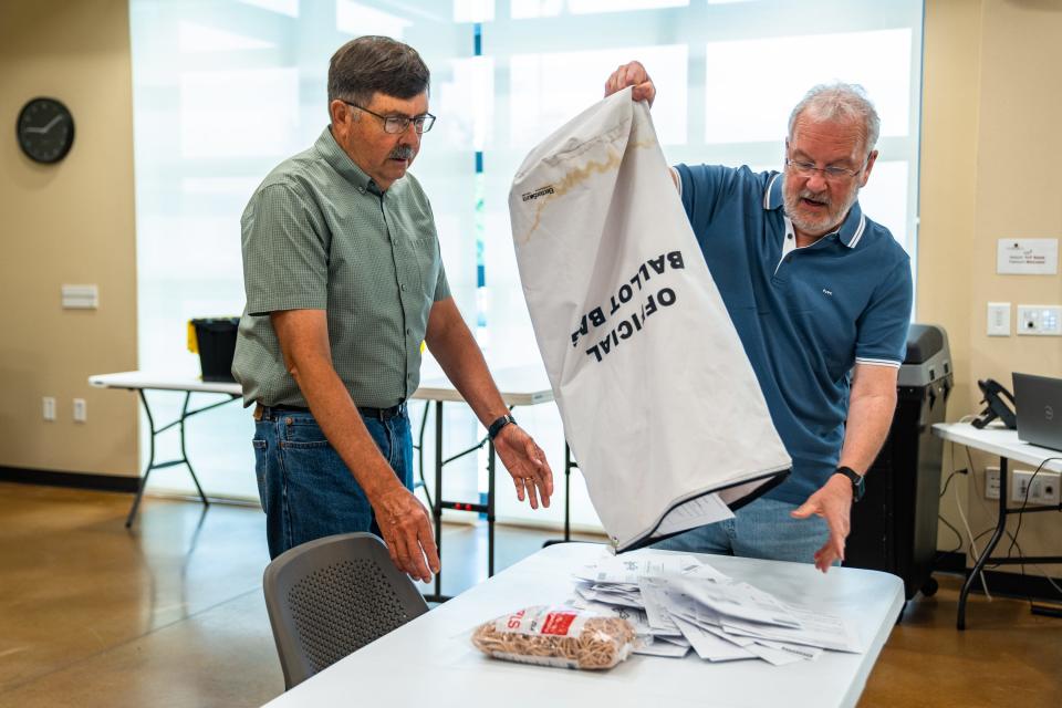 Election judges Randy Black, left, and Michael Moss prepare to process ballots at Timnath City Hall on Tuesday. Residents voted in a special election on a measure that would effectively prohibit a Topgolf from being built in the Ladera development.