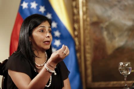 Venezuela's Foreign Minister Delcy Rodriguez speaks during a interview with Reuters at her offices in Caracas July 14, 2015. Picture taken on July 14, 2015. REUTERS/Carlos Garcia Rawlins