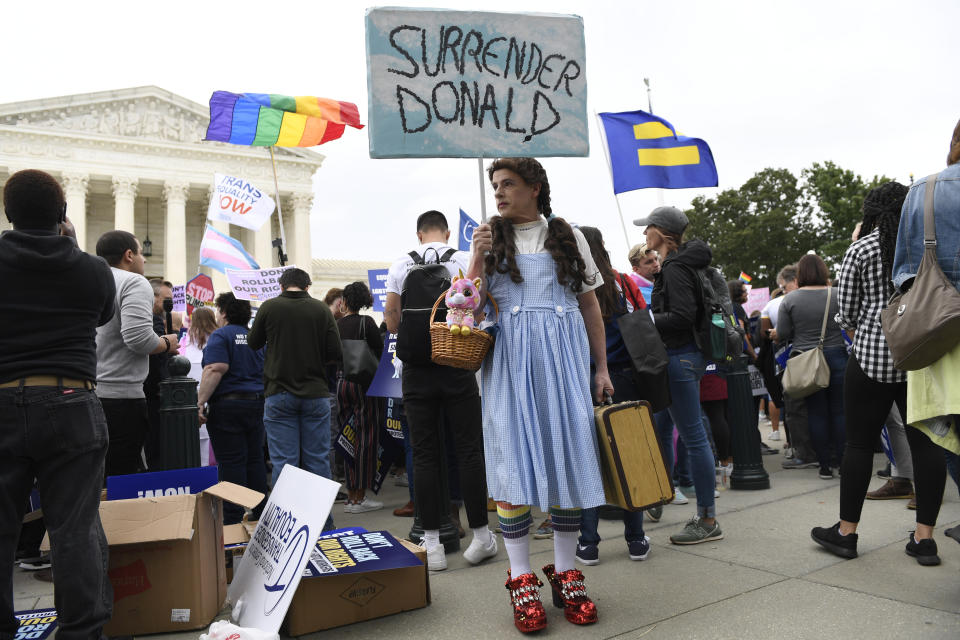 Mike Hisey, of New York City, protests outside the Supreme Court in Washington, Tuesday, Oct. 8, 2019, where the Supreme Court is hearing arguments in the first case of LGBT rights since the retirement of Supreme Court Justice Anthony Kennedy. (AP Photo/Susan Walsh)