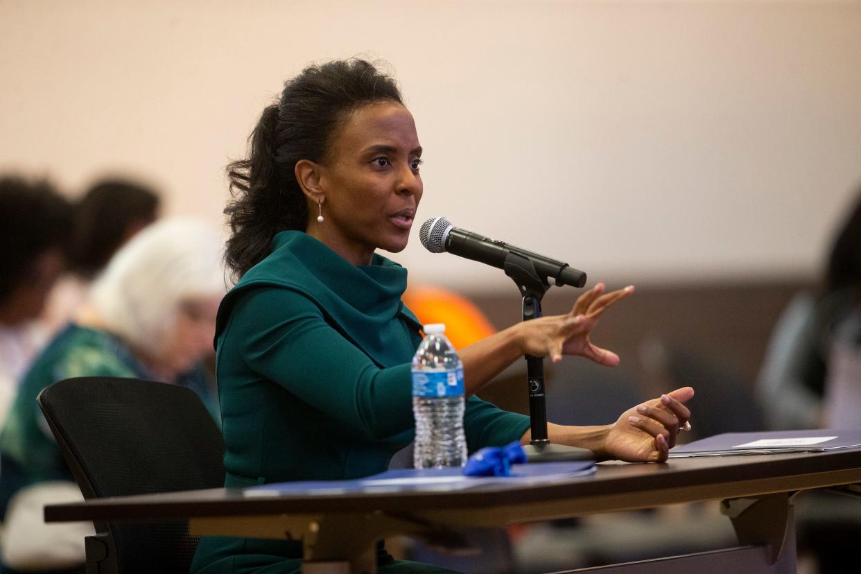 Marie Feagins, chief of leadership and high schools for Detroit Public Schools, answers a question while being interviewed by the Memphis-Shelby County Schools Board for the superintendent position in Memphis, Tenn., on Friday, February 2, 2024.