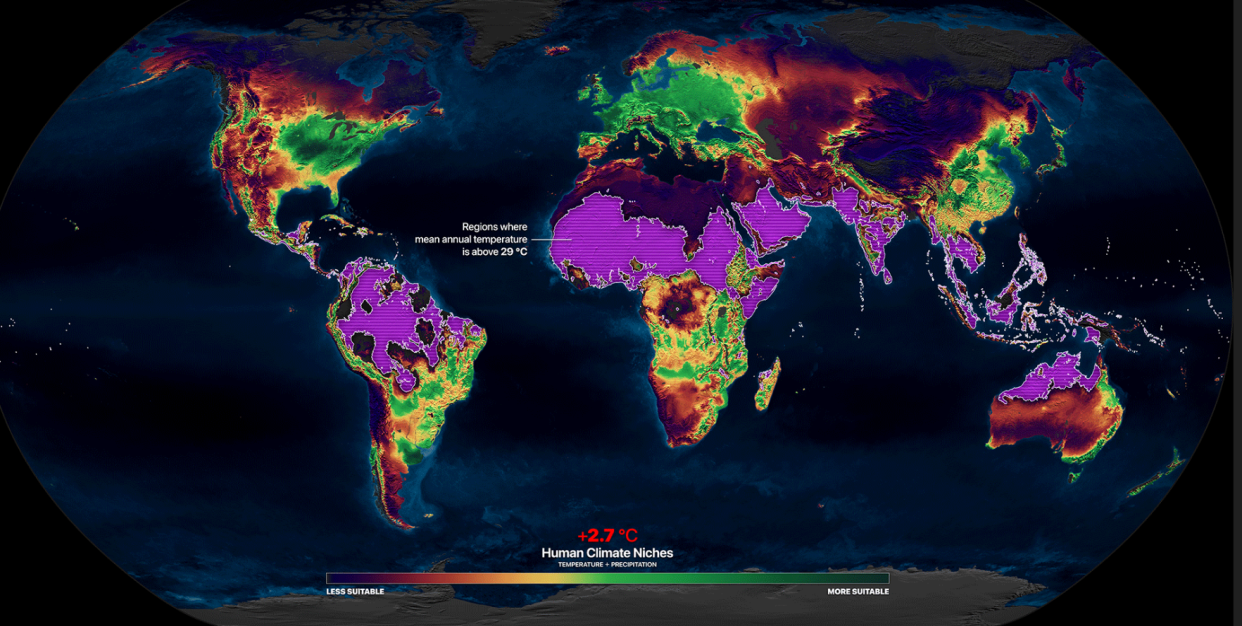 Forecasts show areas of the world where humans could be exposed to dangerous heat by 2100.