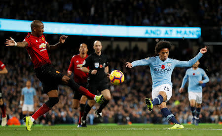 Soccer Football - Premier League - Manchester City v Manchester United - Etihad Stadium, Manchester, Britain - November 11, 2018 Manchester City's Leroy Sane shoots at goal REUTERS/Darren Staples