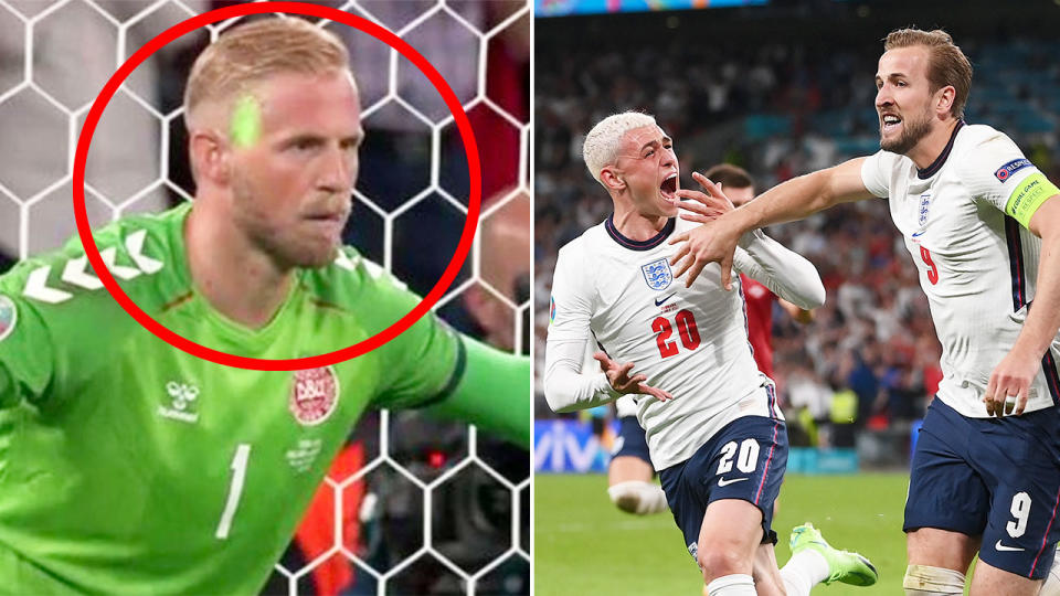 Seen here, Danish keeper Kapser Schmeichel has a laser shone in his face before Harry Kane's penalty.