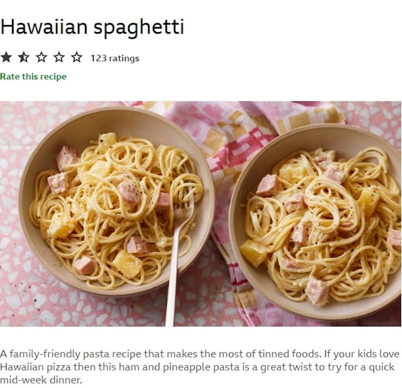 Many took to Twitter to say how atrocious and pathetic the Hawaiian spaghetti dish was for using pineapple juice. — Screengrab via BBC Food