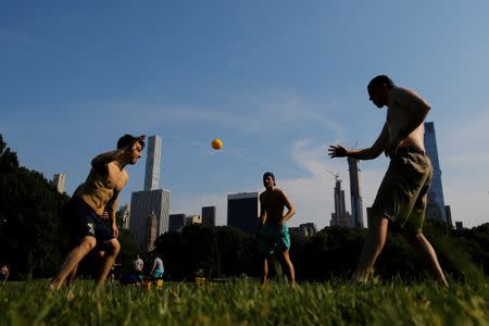 People play with a ball on a hot summer day in Central Park, Manhattan, New York, U.S., July 1, 2018. REUTERS/Eduardo Munoz