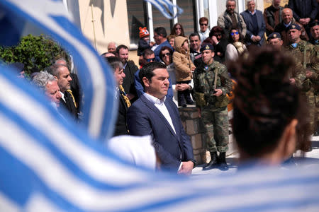 Greek Prime Minister Alexis Tsipras attends a student parade marking Greece's Independence Day, during his visit on the island of Agathonisi, Greece March 25, 2019. Andrea Bonetti/Greek Prime Minister's Press Office/Handout via REUTERS