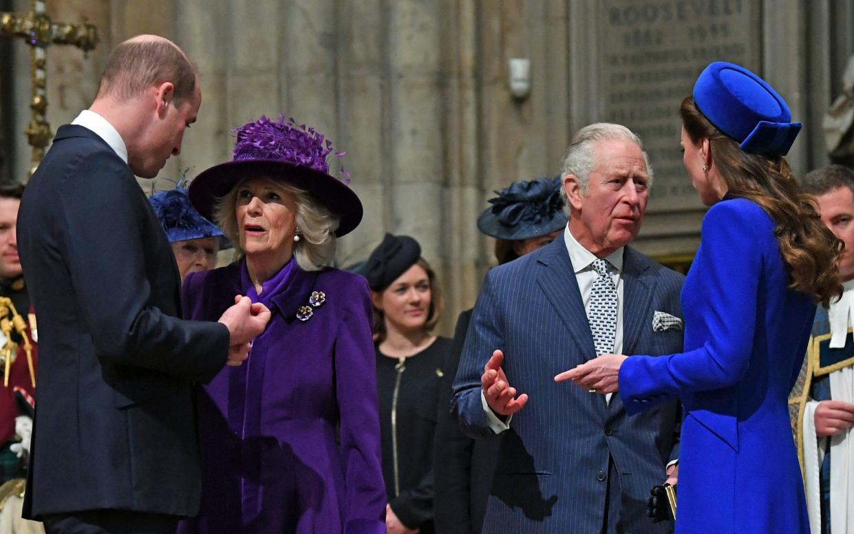 The Duke of Cambridge, the Duchess of Cornwall, the Prince of Wales and the Duchess of Cambridge chat with one another before the service - Daniel Leal/PA
