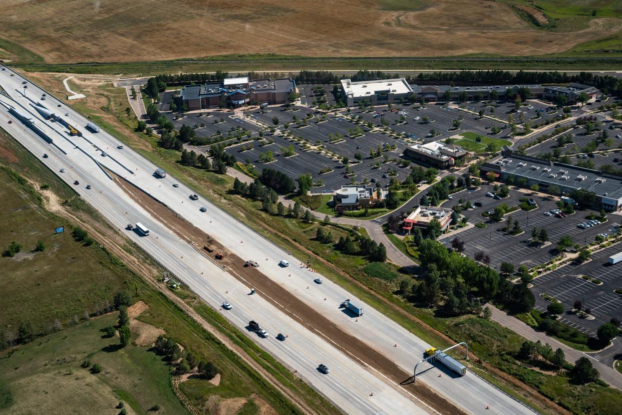 An aerial photo of Centerra and Interstate 25 in Loveland, Colo., on Aug. 11, 2023.