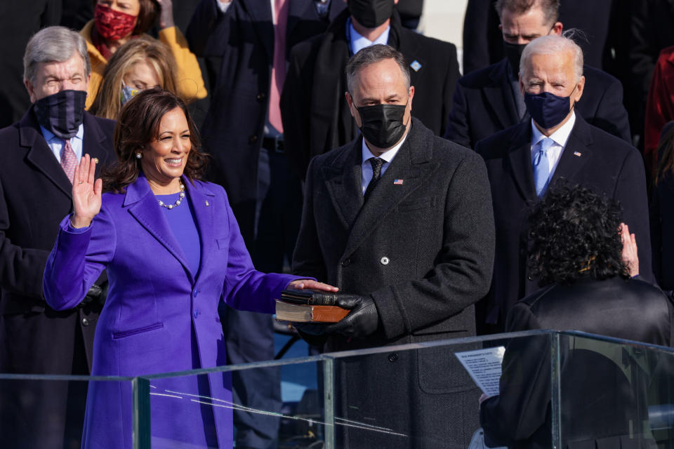 Kamala Harris is sworn as vice president of the United States on January 20, 2021. Depicted with husband Doug Emhoff and President Joe Biden. (Photo: Alex Wong/Getty Images)