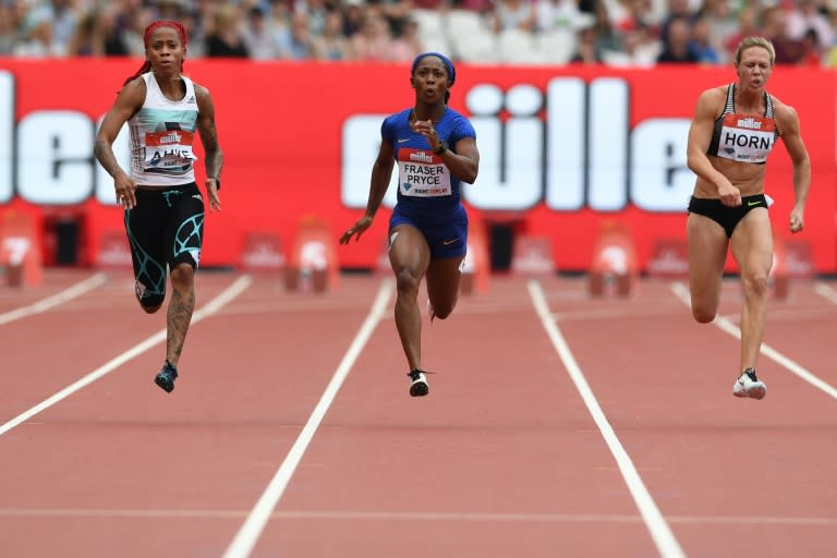 (L-R) Trinidad and Tobago's Michelle-Lee Ahye, Jamaica's Shelly-Ann Fraser-Pryce and South Africa's Carina Horn compete in the 100 metres during the IAAF Diamond League Anniversary Games in London on July 23, 2016