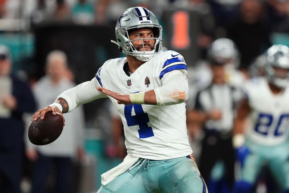 Dec 24, 2023; Miami Gardens, Florida, USA; Dallas Cowboys quarterback Dak Prescott (4) attempts a pass against the Miami Dolphins during the second half at Hard Rock Stadium. Mandatory Credit: Jasen Vinlove-USA TODAY Sports