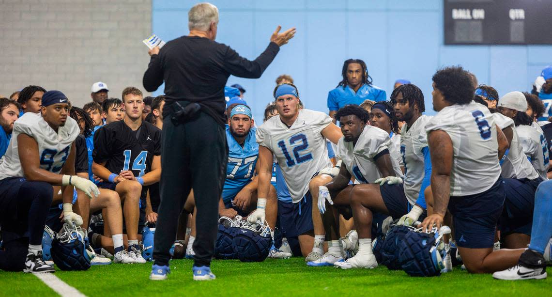 North Carolina coach Mack Brown addresses his players and staff following the Tar Heels’ first practice of the season on Monday, July 29, 2024 in Chapel Hill, N.C.