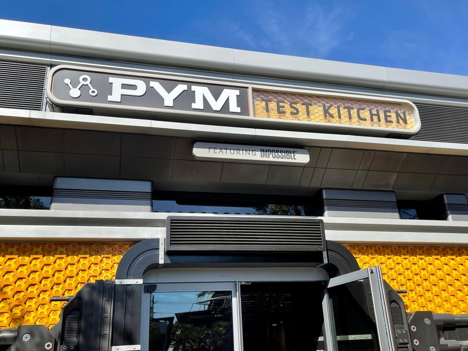 exterior shot of pyms test kitchen on avengers campus at disneyland