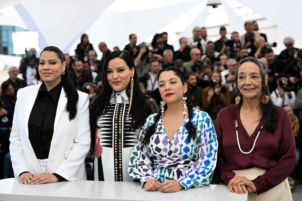 (From left) US actress Cara Jade Myers, US actress Janae Collins, US actress Jillian Dion and Canadian actress Tantoo Cardinal pose during a photocall for the film "Killers of the Flower Moon" at the 76th edition of the Cannes Film Festival in Cannes, southern France, on May 21, 2023.