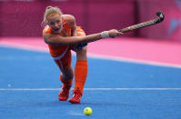 LONDON, ENGLAND - JULY 29: Caia Van Maasakker of Netherlands competes during the Women's Pool WA Match W02 between the Netherlands and Belgium at the Hockey Centre on July 29, 2012 in London, England. (Photo by Daniel Berehulak/Getty Images)