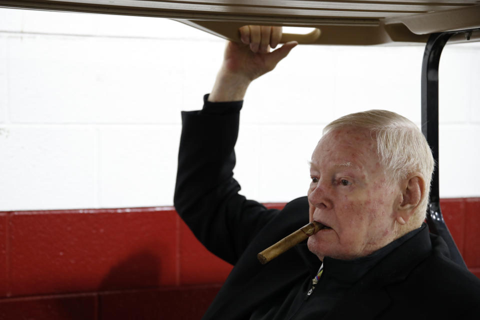 FILE - Former Washington quarterback Sonny Jurgensen sits in a golf cart in a tunnel before an NFL football game against the San Francisco 49ers, Sunday, Oct. 20, 2019, in Landover, Md. The Washington Commanders will retire Pro Football Hall of Famer Sonny Jurgensen’s No. 9 later this season. The former Washington quarterback and longtime radio broadcaster will be honored in the team's regular-season finale Jan. 7 or 8 against the rival Dallas Cowboys. (AP Photo/Alex Brandon, File)