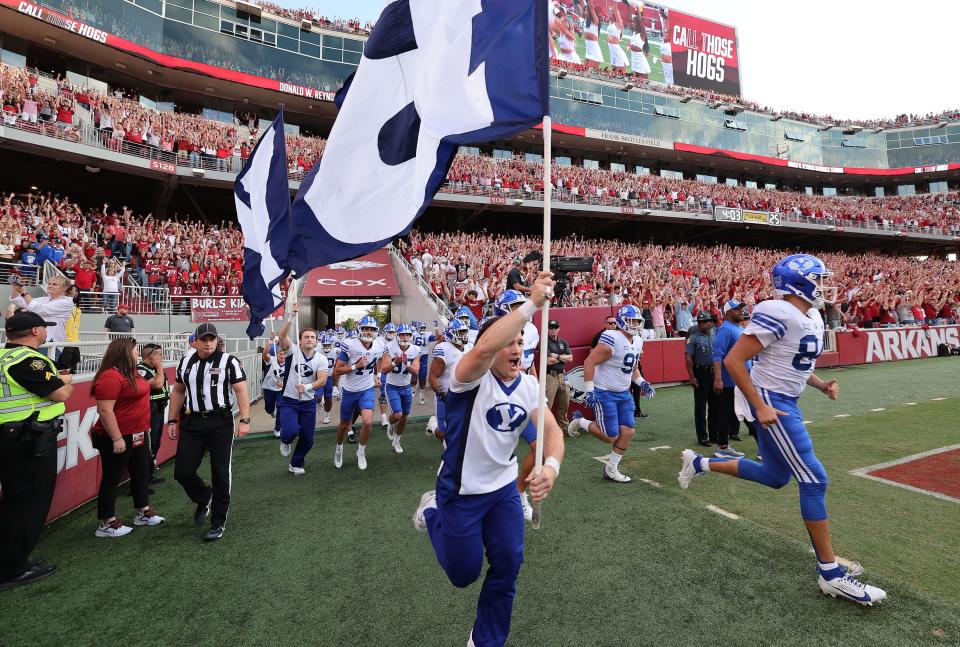 BYU takes the field at Razorback Stadium in Fayetteville on Saturday, Sept. 16, 2023. | Jeffrey D. Allred, Deseret News