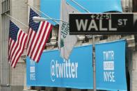 A sign displays the Twitter logo on the front of the New York Stock Exchange ahead of the company's IPO in New York, November 7, 2013. REUTERS/Lucas Jackson