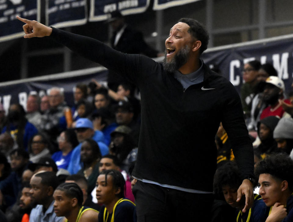 Bellflower, CA - February 17: Head coach Tony Bland of St. Bernard reacts against St. John Bosco in the first half of a CIF-SS boys Open Division playoff basketball game at St. John Bosco High School in Bellflower on Friday, February 17, 2023. St. Bernard won 60-47 (Photo by Keith Birmingham/MediaNews Group/Pasadena Star-News via Getty Images)