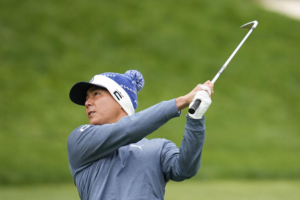 Justin Suh hits from the fairway on the second hole during a practice round for the PGA Championship golf tournament at Oak Hill Country Club on Wednesday, May 17, 2023, in Pittsford, N.Y. (AP Photo/Abbie Parr)
