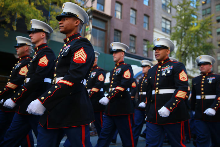 <p>Members of the Marine Corps take part in the Veterans Day parade in New York on Nov. 11, 2016. (Gordon Donovan/Yahoo News) </p>
