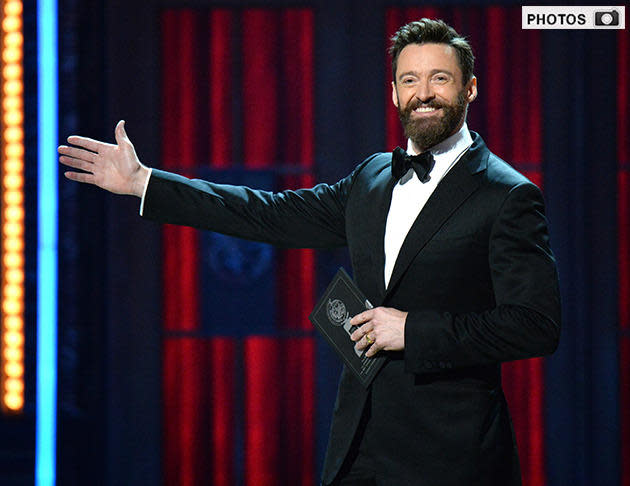 hugh jackman hosting 2014 tony awards, grinning.