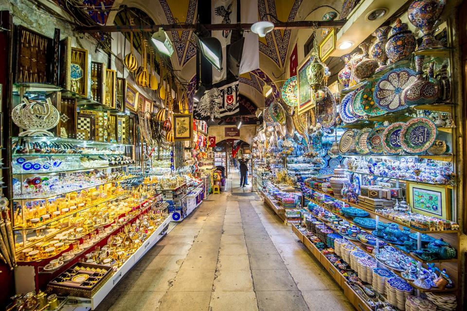 Traditional dishware and other items being sold at the Grand Bazaar in Istanbul, Turkey, one of the country's most visited landmarks and oldest public markets.