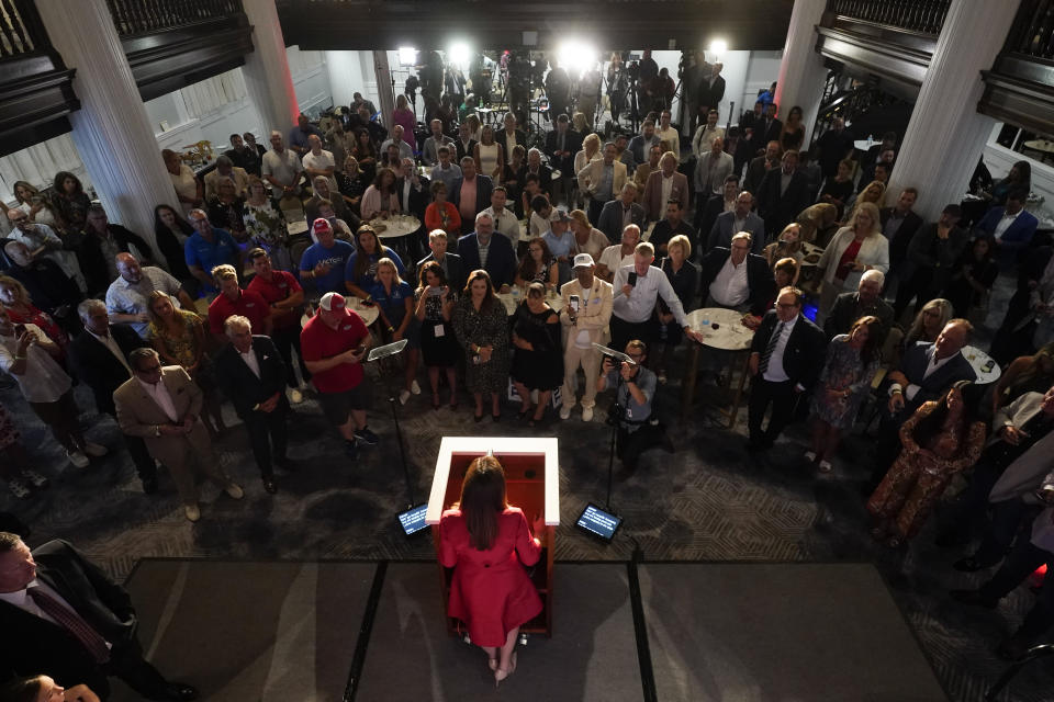 Republican gubernatorial candidate Tudor Dixon speaks at a primary election party in Grand Rapids, Mich., Tuesday, Aug. 2, 2022. (AP Photo/Paul Sancya)