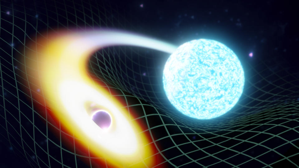 This illustration provided by Soheb Mandhai depicts the warping of time and space as a black hole, left, is about to swallow a neutron star. In a report released on Tuesday, June 29, 2021, astronomers say they have witnessed a black hole swallowing a neutron star, the most dense object in the universe, _ all in a split-second gulp. (Soheb Mandhai/LIGO India via AP)