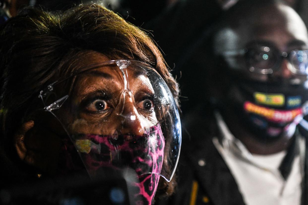 Representative Maxine Waters (D-CA) speaks to the media during an ongoing protest at the Brooklyn Center Police Department in Brooklyn Centre, Minnesota on April 17, 2021. (Photo by CHANDAN KHANNA / AFP) 