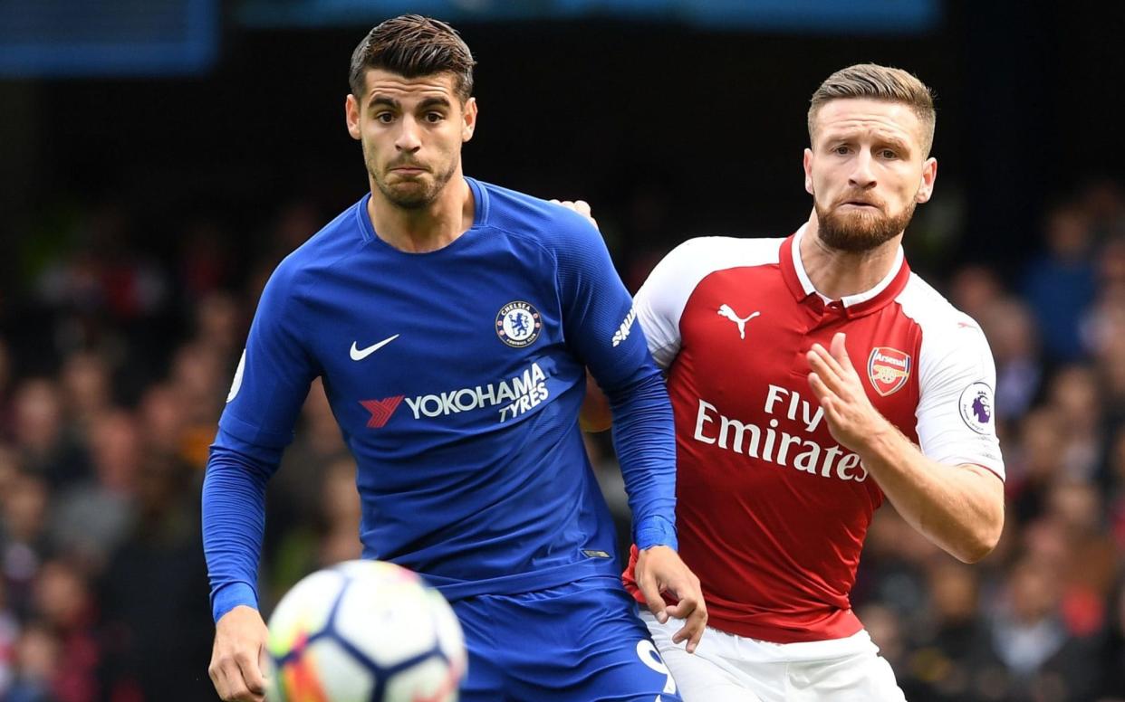 Álvaro Morata (left) was dominated by Shkodran Mustafi at Stamford Bridge - Arsenal FC