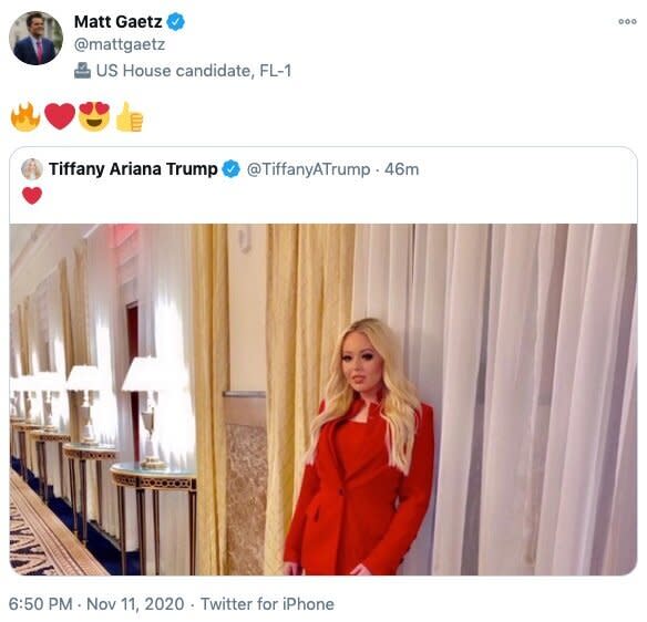 Matt Gaetz's tweet response on Tiffany Trump's photo. (Photo: )