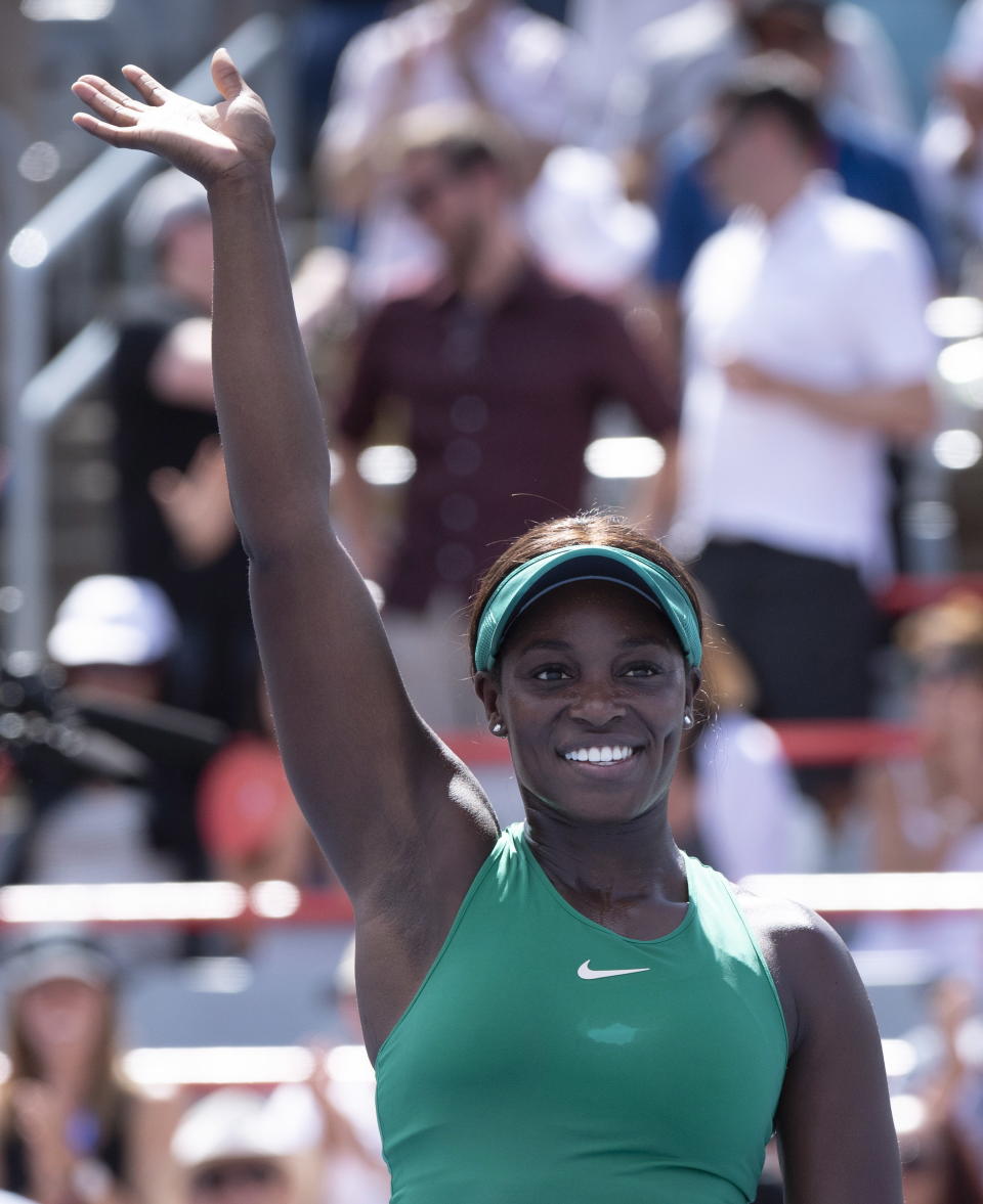 Sloane Stephens of the United States celebrates her victory over Anastasija Sevastova of Latvia during quarterfinals play at the Rogers Cup tennis tournament Friday, Aug. 10, 2018 in Montreal. (Paul Chiasson/The Canadian Press via AP)